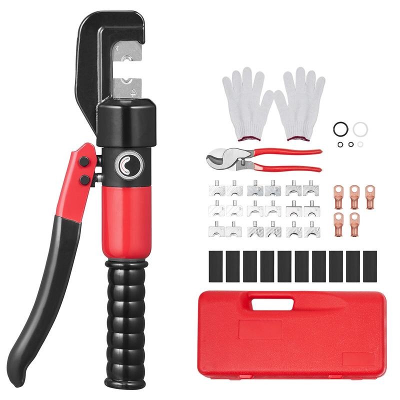 Pliers - 油圧圧着工具、9種類のダイス付き、AWG12-2/0銅およびアルミ端子バッテリーラグクリンパー、切断プライヤー、手袋、10個の銅リングコネクター、8個の熱収縮スリーブ付き